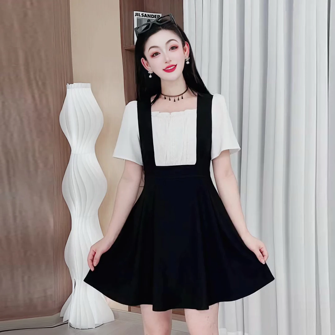 3360假两件拼接连衣裙夏季新款法式减龄显瘦小个子大码女装连衣裙