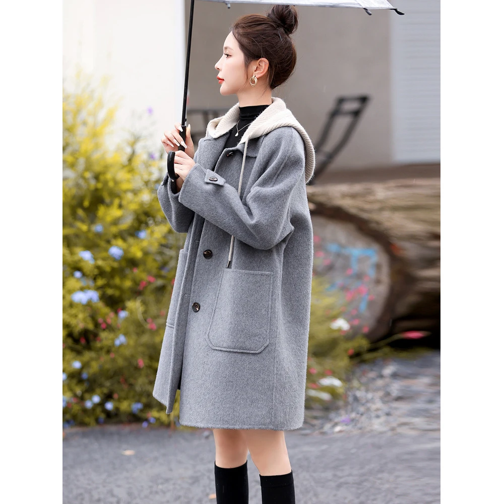 2025秋冬小个子休闲连帽双面羊绒大衣女中长款爆款高级感毛呢外套