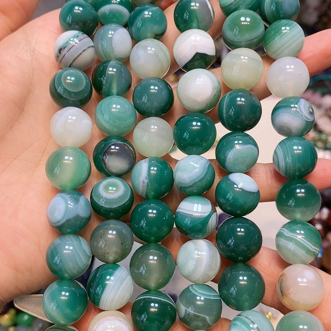 散珠玛瑙/玉髓14mm绿蚕丝玛瑙一条