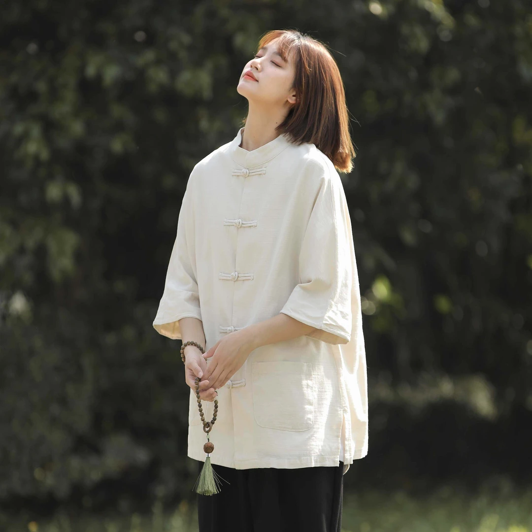 OxpVp新中式棉麻中国风复古中袖衬衣唐装夏季薄款透气短袖衬衣男