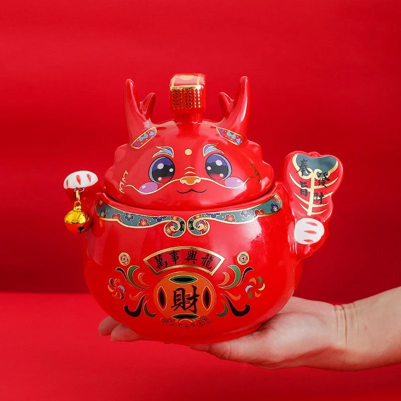招财猫高档陶瓷茶叶罐龙猫奉旨发财一红一黄大号储茶罐创意摆件