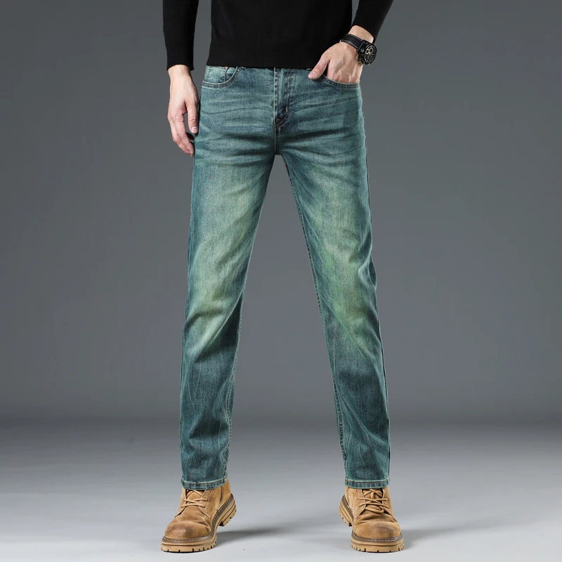 2025轻奢旗舰翡翠绿男士弹力牛仔裤高端修身直筒百搭时尚休闲长裤