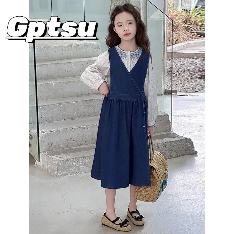 GPTSu女童连衣裙春秋2025新款女孩大童韩系牛仔背带裙儿童两件套