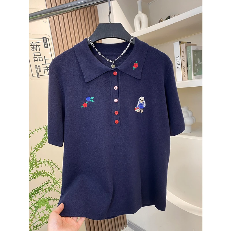 夏季凉感重工刺绣POLO衫显瘦针织上衣M2504034