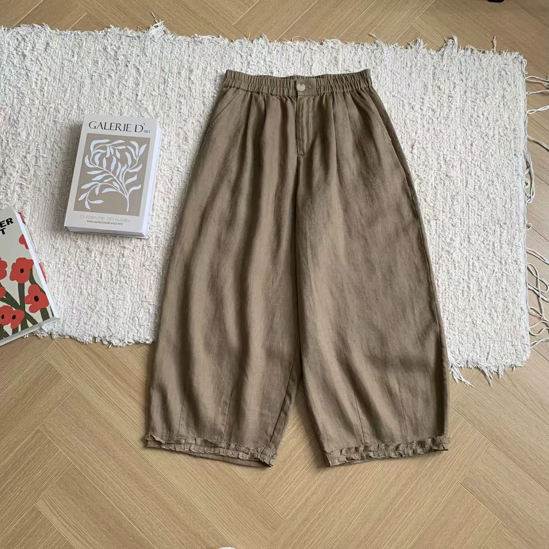 素心轻奢2025夏季100%亚麻复古文艺直筒宽松显瘦高腰花边休闲裤女
