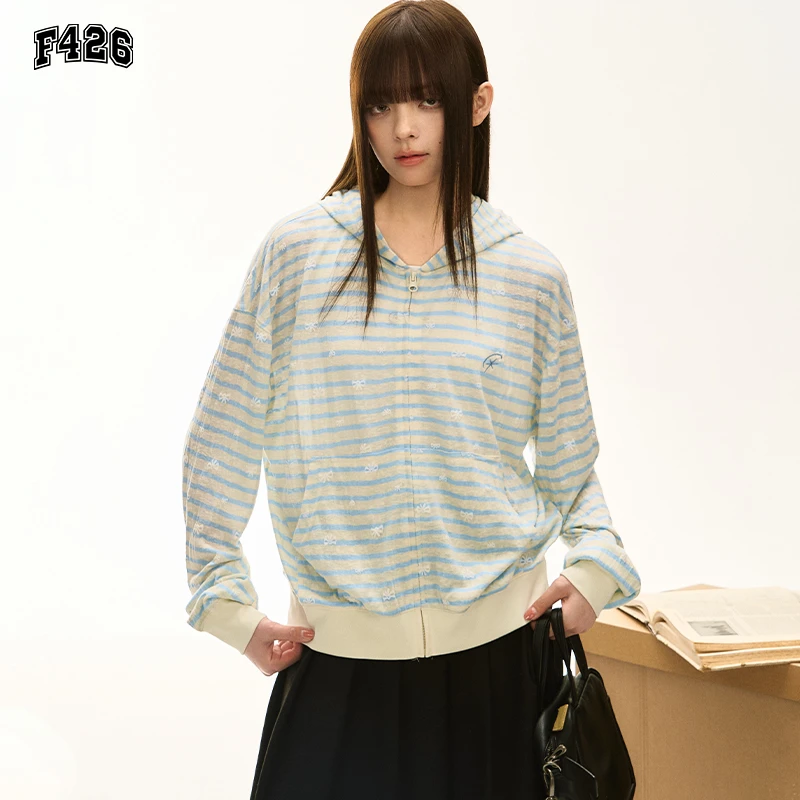 F426国潮春季新款美式休闲蝴蝶结条纹罩衫连帽外套时尚穿搭6465
