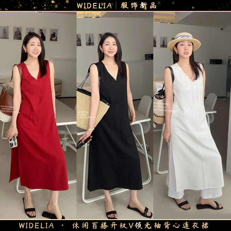 widelia陈魅儿2025春夏新款休闲百搭开衩V领无袖背心连衣裙735925