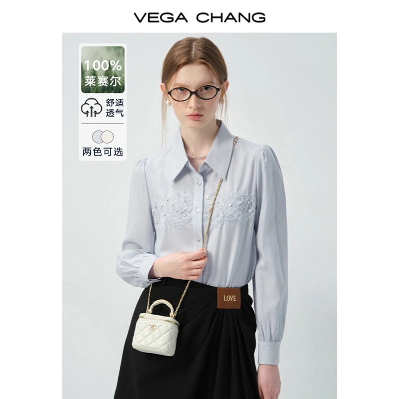 VEGA CHANG衬衫女2025新款秋法式设计感蕾丝装饰手工钉珠长袖上衣