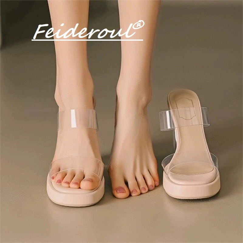 Feideroul2025新款防水台透明高跟鞋粗跟裸色百搭凉拖一字带凉鞋