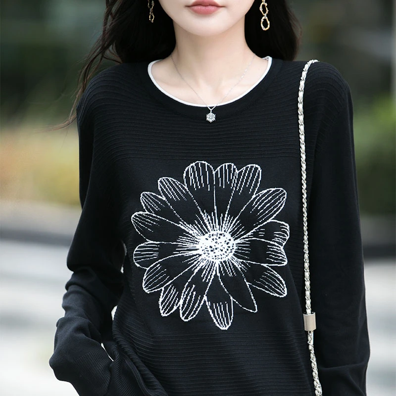 品牌2025新款早秋时尚长袖精纺针织衫洋气圆领太阳花宽松上衣女