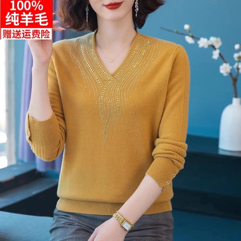 100%纯羊毛衫妈妈装秋冬季V领毛衣女洋气中老年人宽松大码打底衫