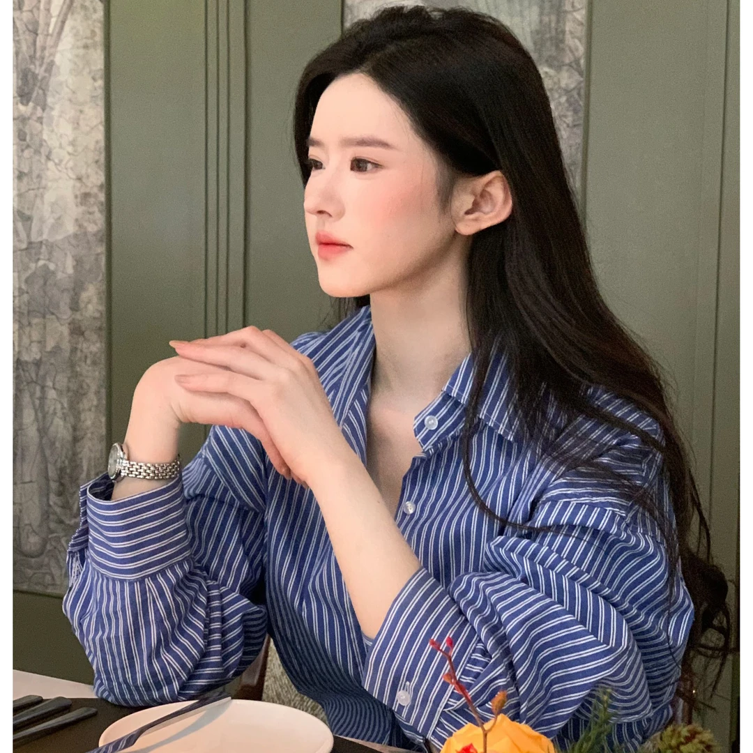 玫瑰的故事刘亦菲同款蓝色条纹衬衫女2025新款高级感法式复古上衣
