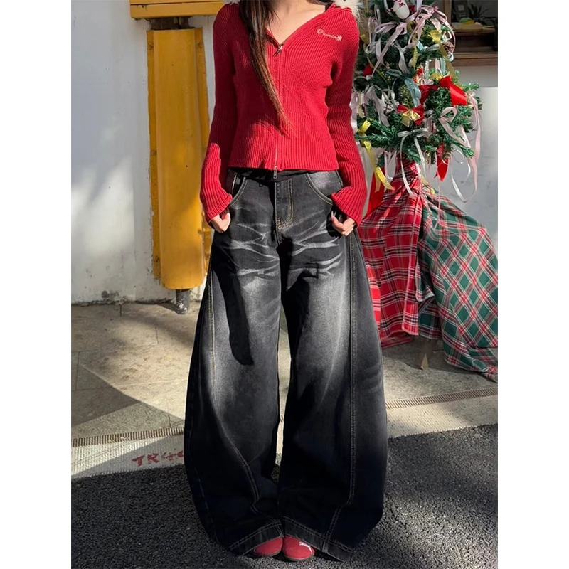 黑灰色廓形弯刀牛仔裤女冬新款高腰宽松阔腿显瘦镰刀直筒拖地裤子