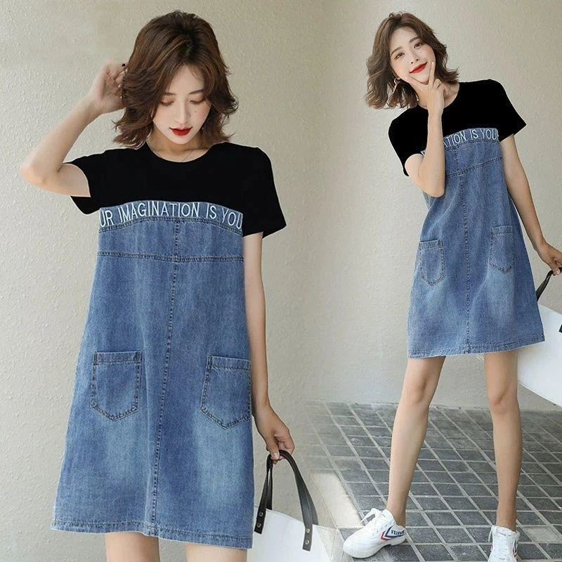 2025夏季新款韩版宽松大码显瘦刺绣牛仔拼接连衣裙女中长款裙子