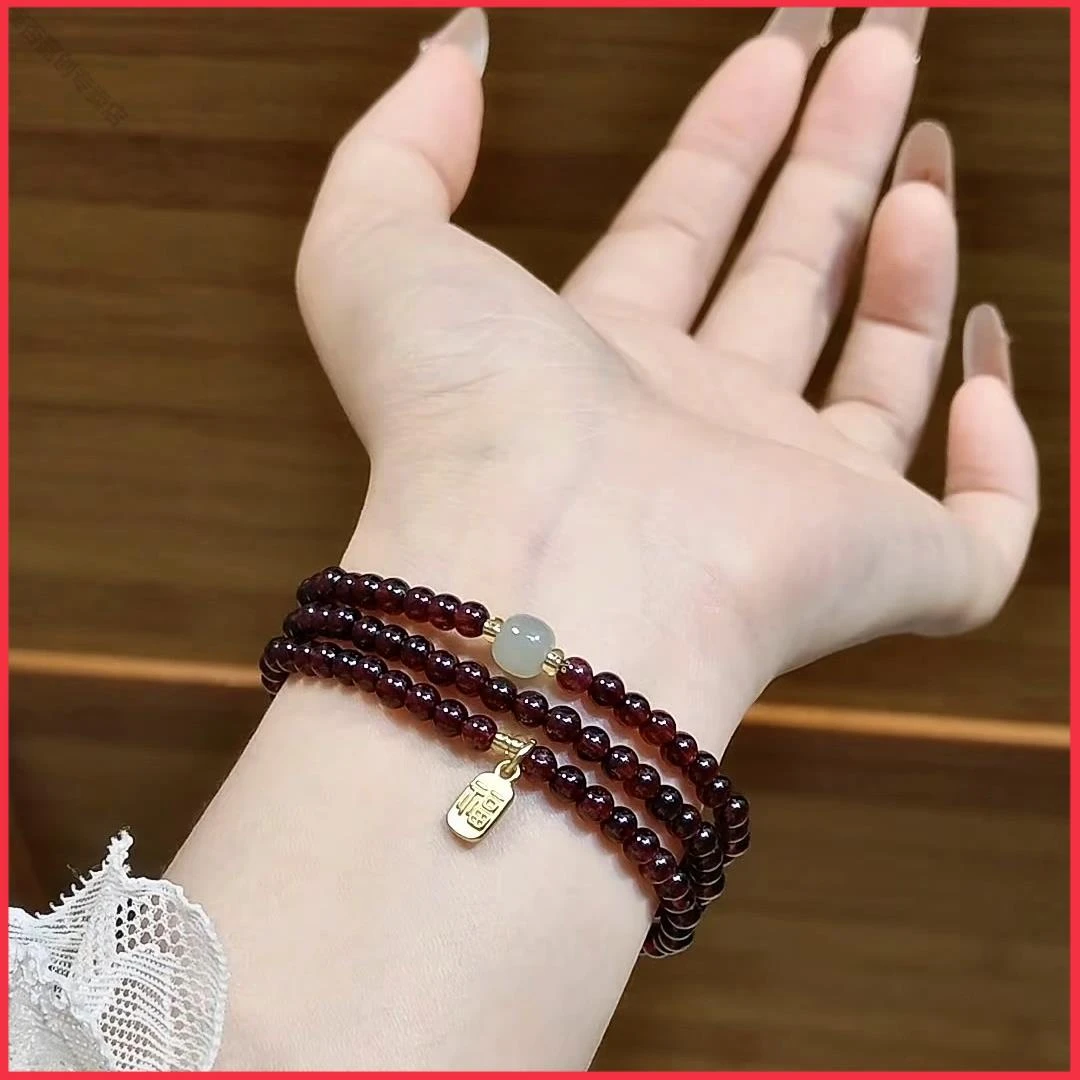天然辰砂天然三圈石榴石手串朱砂串手链新中式手链送母亲闺蜜女生