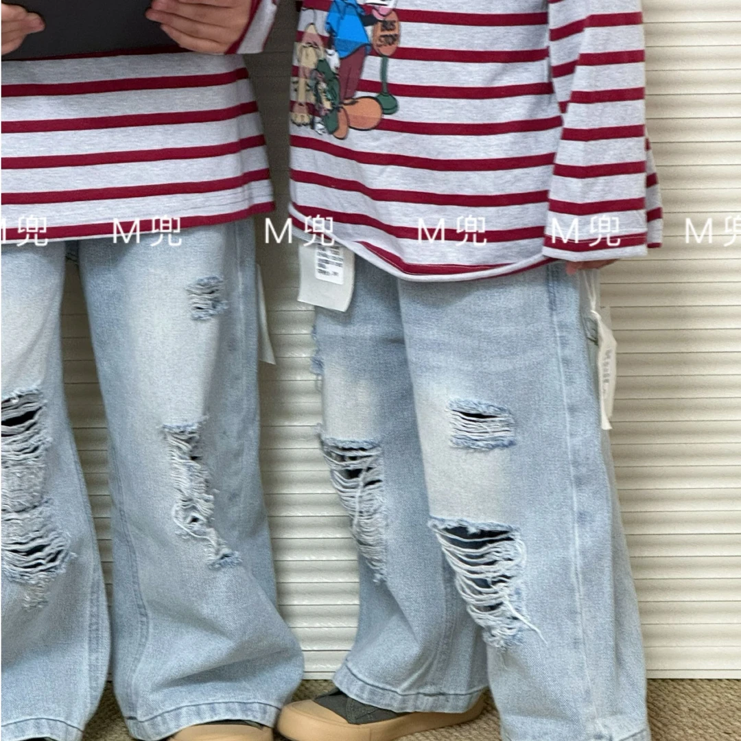 2025儿童春款浅色破洞牛仔裤美式男童女童拖地裤宽松直筒裤长裤