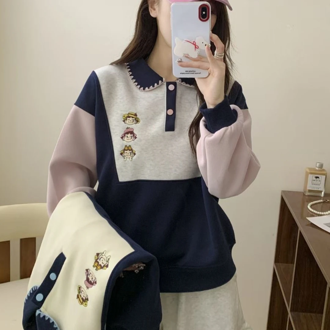 不二妹刺绣POLO领撞色女拼接长袖韩版拼色卫衣针织宽松型