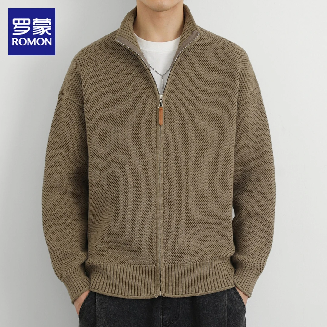罗蒙开衫毛衣男士秋季新款纯棉立领毛线衣潮流休闲针织衫外套男装
