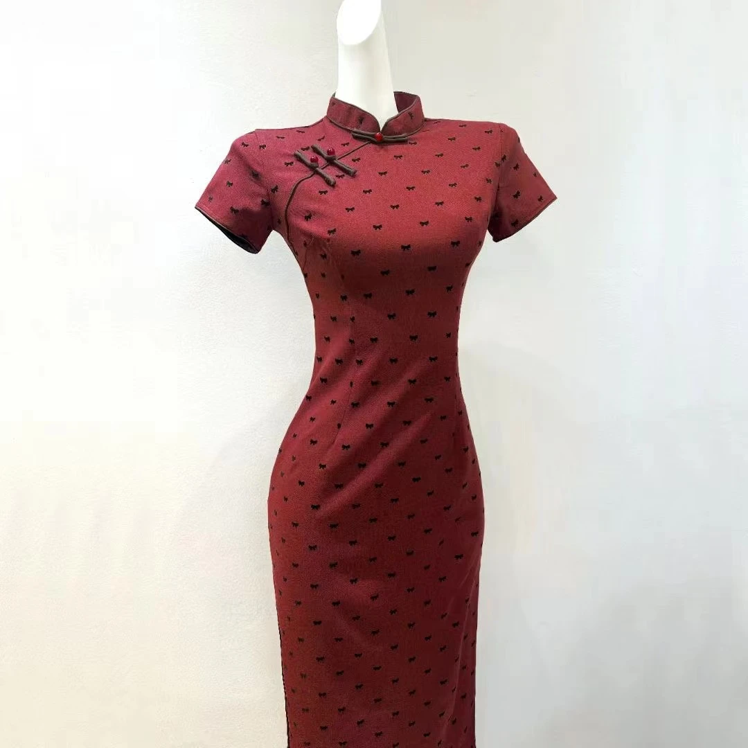 【芳沁】2025春夏新款安可拉红旗袍小个子中长款显瘦气质连衣裙