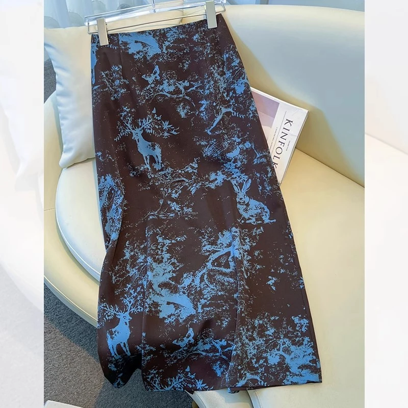 拉夏贝尔新款缎面垂坠感半身裙女夏季薄款2025质感印花时尚半身裙