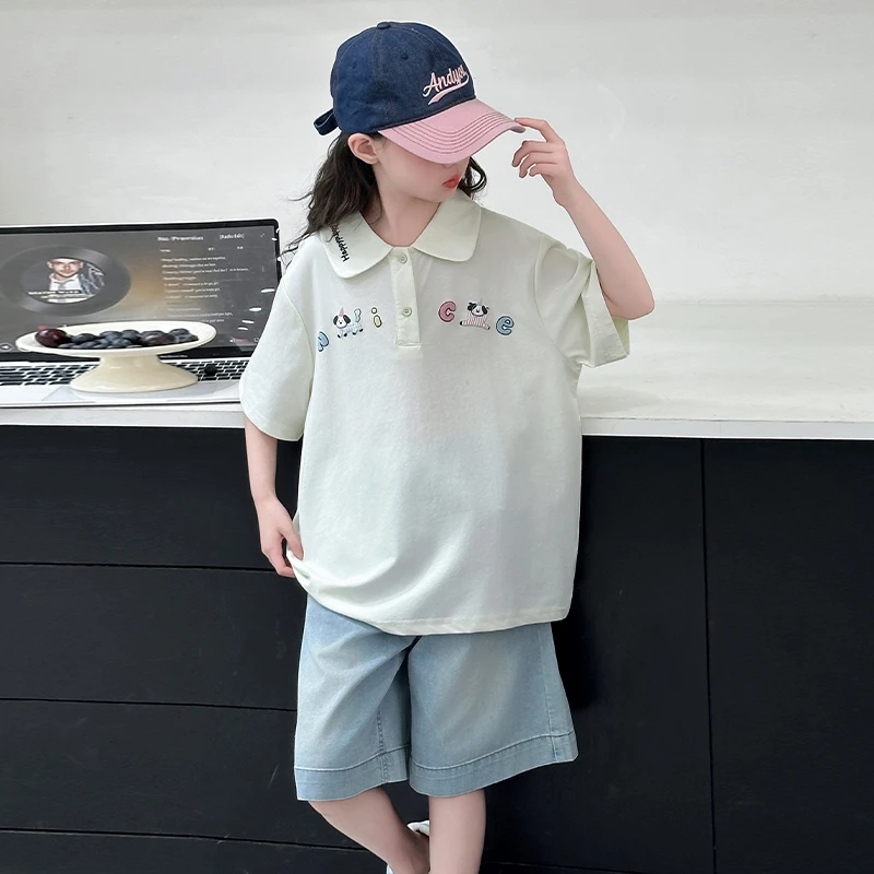 【涵妈推荐】女童夏季套装韩版中大童翻领小狗polo衫牛仔中裤两件套