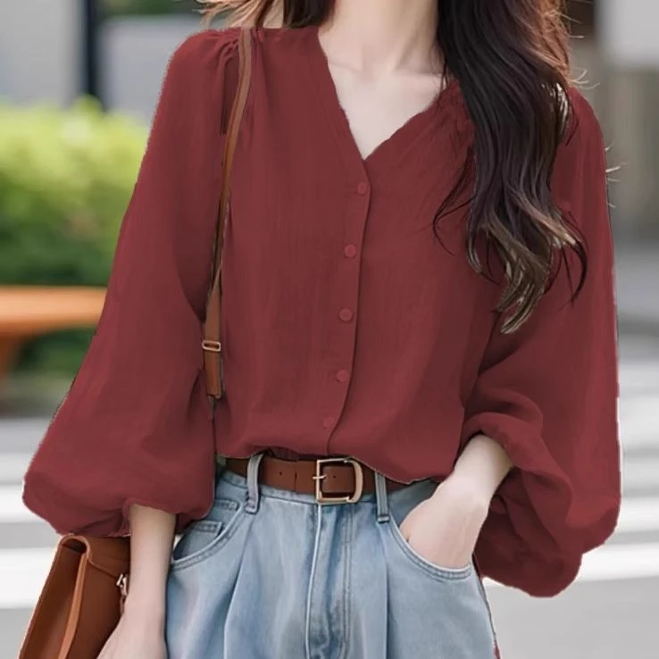 安格拉红灯笼袖上衣秋季女2025新款高级感超好看显瘦洋气v领衬衫