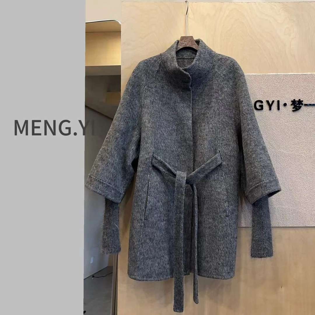 MENG.YI马海毛拼接双面羊毛收腰大衣 5341