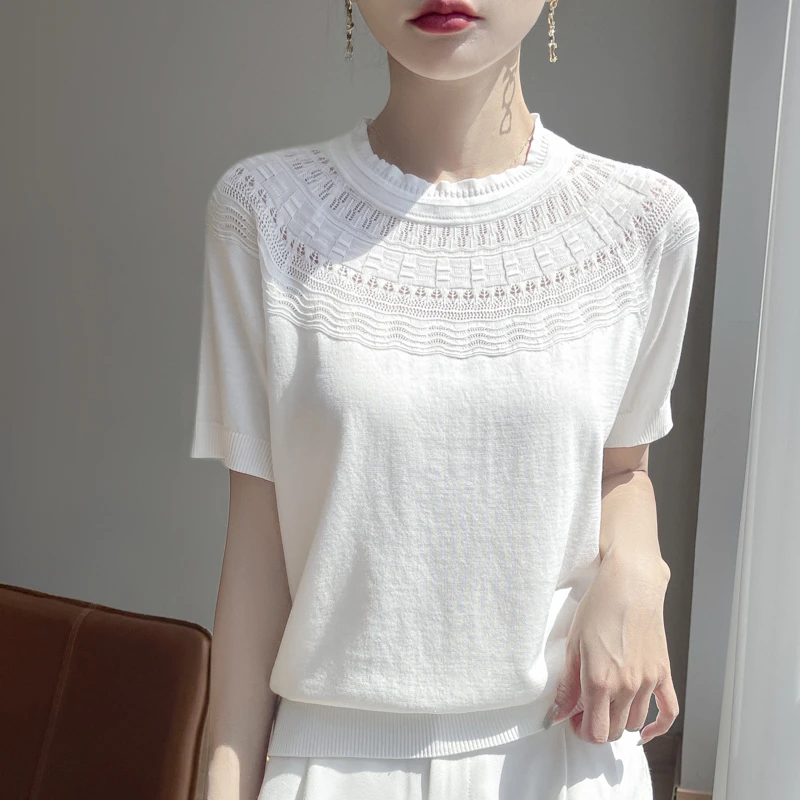 镂空钩花圆领短袖针织衫宽松纯色半袖T恤夏季薄款洋气上衣