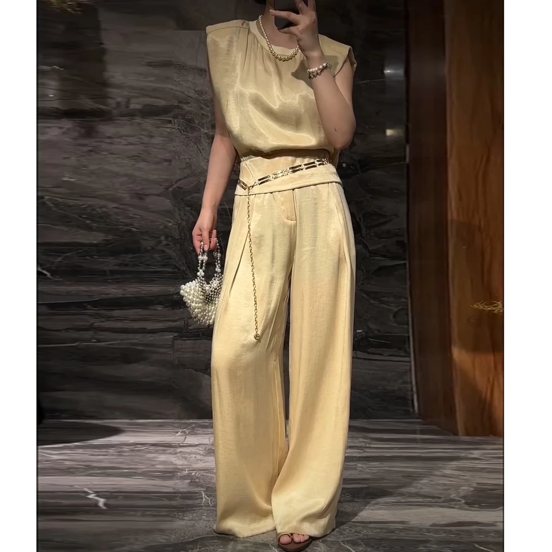 欧洲站女装气质珠缎光质感铜氨丝垫肩背心阔腿裤套装休闲风两件套