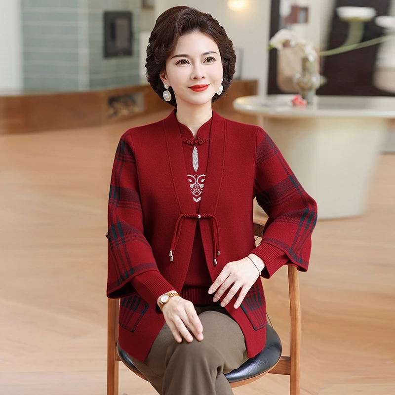 妈妈冬装新中式两件套新款上衣国风秋冬外套阔太太气质中老年女装