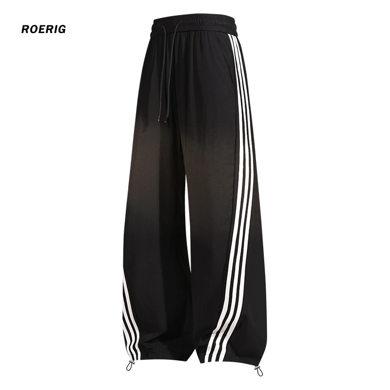 夏季薄款潮休闲裤美式三条杠卫裤条纹直筒裤子男士针织运动冰丝裤