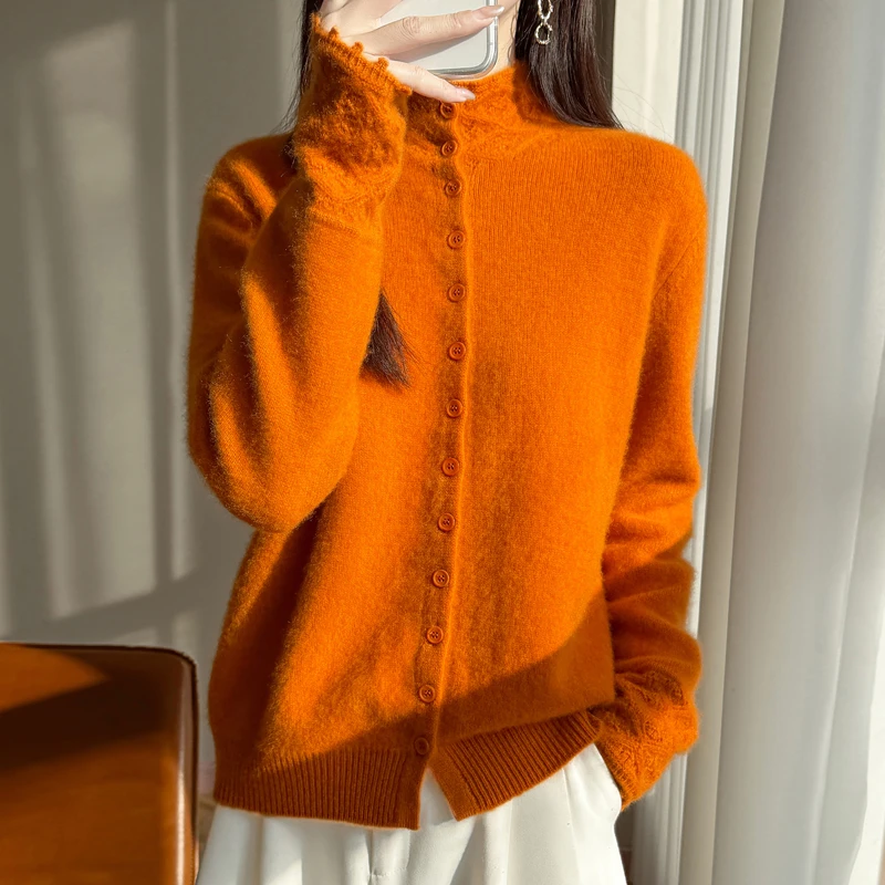 软糯亲肤~加厚精纺羊毛半高领钩花花边袖针织衫女保暖毛衣外套