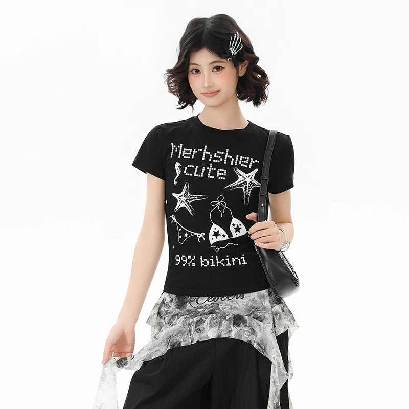 美式趣味印花正肩短袖千禧辣妹T恤女夏季显瘦百搭甜辣短款小上衣