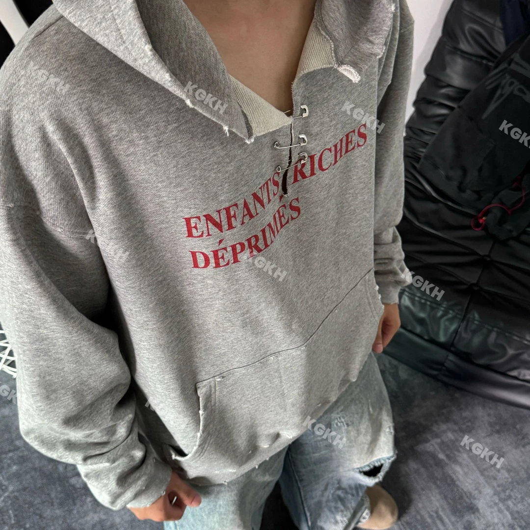 KGKH明星同款“忧郁富二代”V领连帽毛圈印花磨破420克重磅卫衣男女