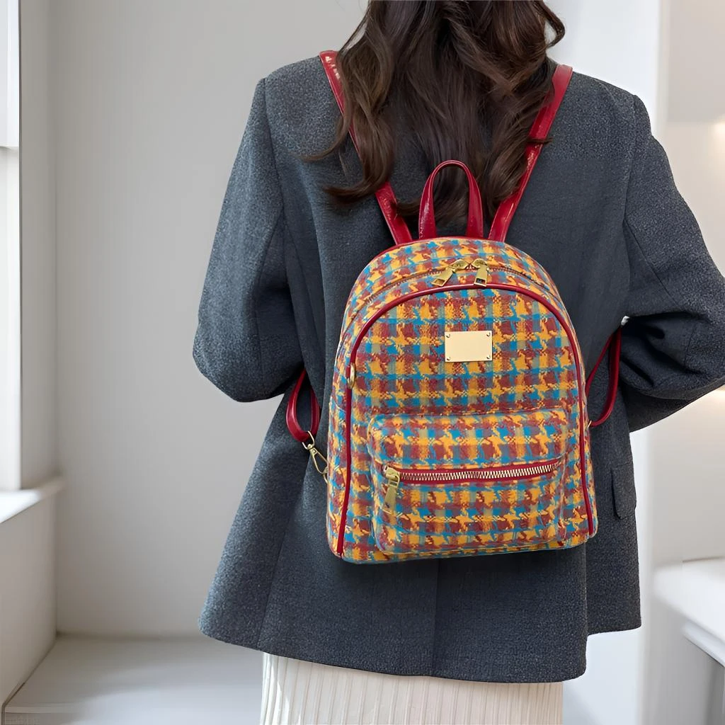 双根格子毛呢包双肩包女生收纳拉链印花女士新款时尚格纹休闲