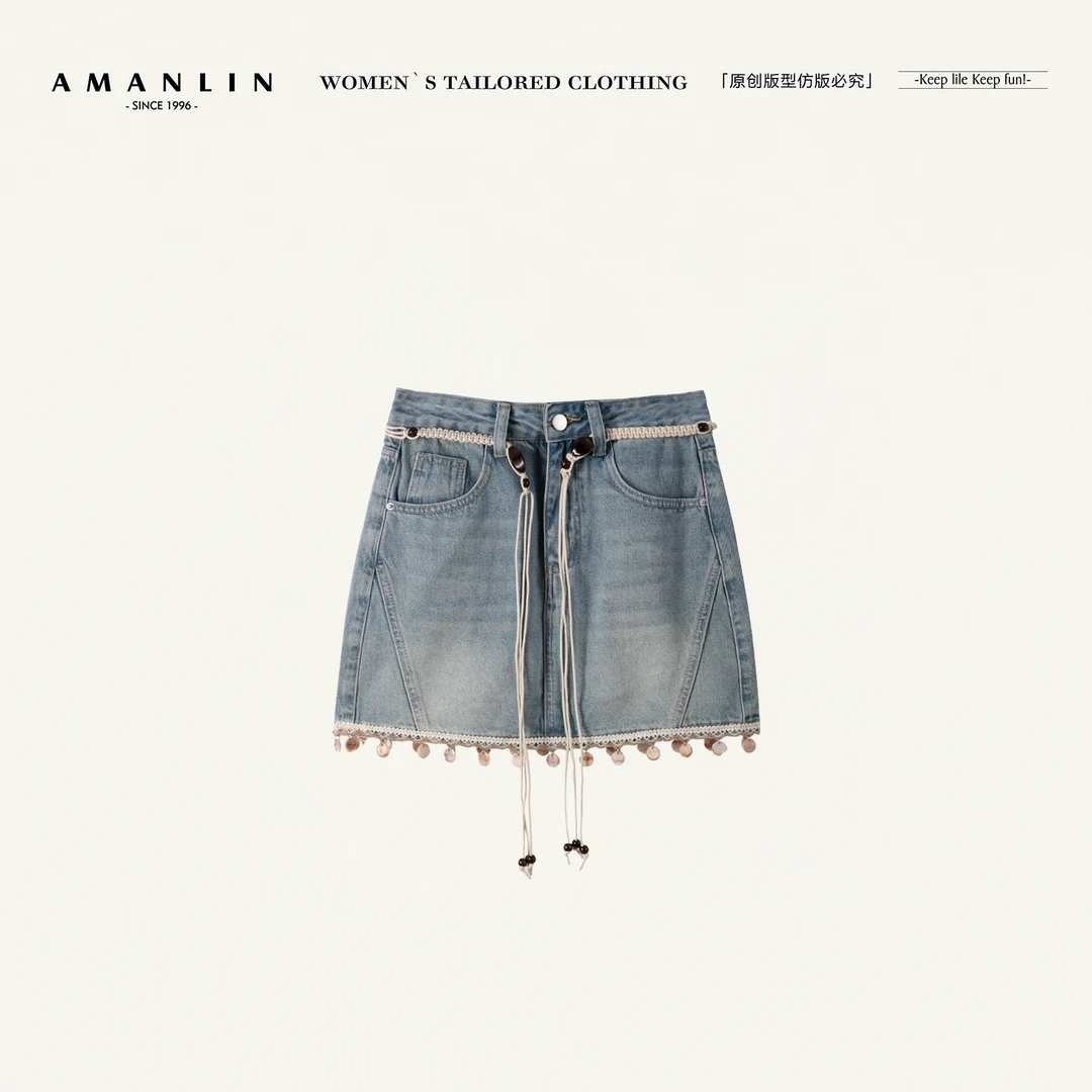 AMANLIN/阿谩琳欧若风女夏装复古流苏高腰水洗牛仔短裙H598752