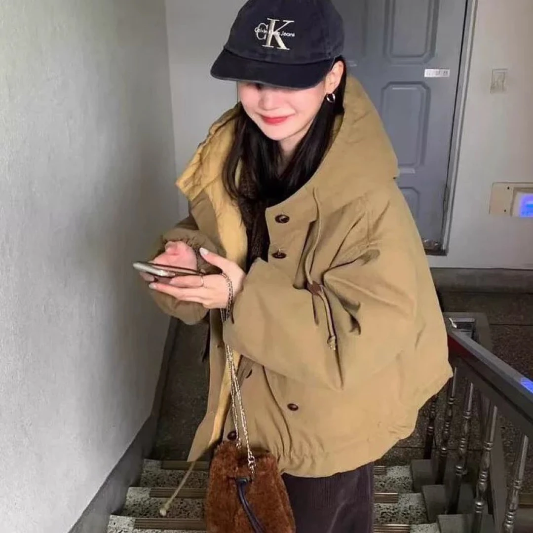木木家韩系连帽慵懒风宽松加厚90白鸭绒羽绒服女加厚保暖外套