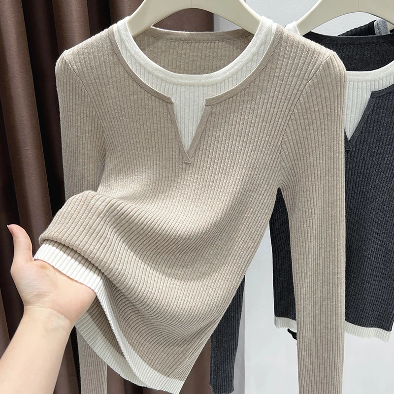 卡其色撞色假两件针织打底衫秋季爆款高级感显瘦薄款圆领长袖T恤