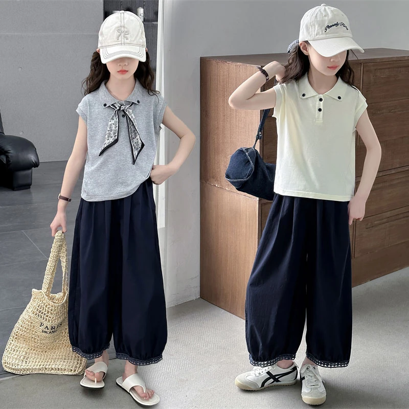 女童2025年夏季新款中大童洋气时尚POLO衫哈伦裤两件套