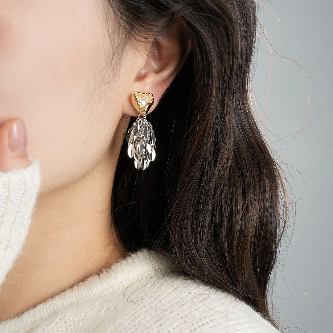 因缺斯汀饰品 铜合金耳饰 【爱心麦穗】金银撞色爱心流苏耳环女耳夹