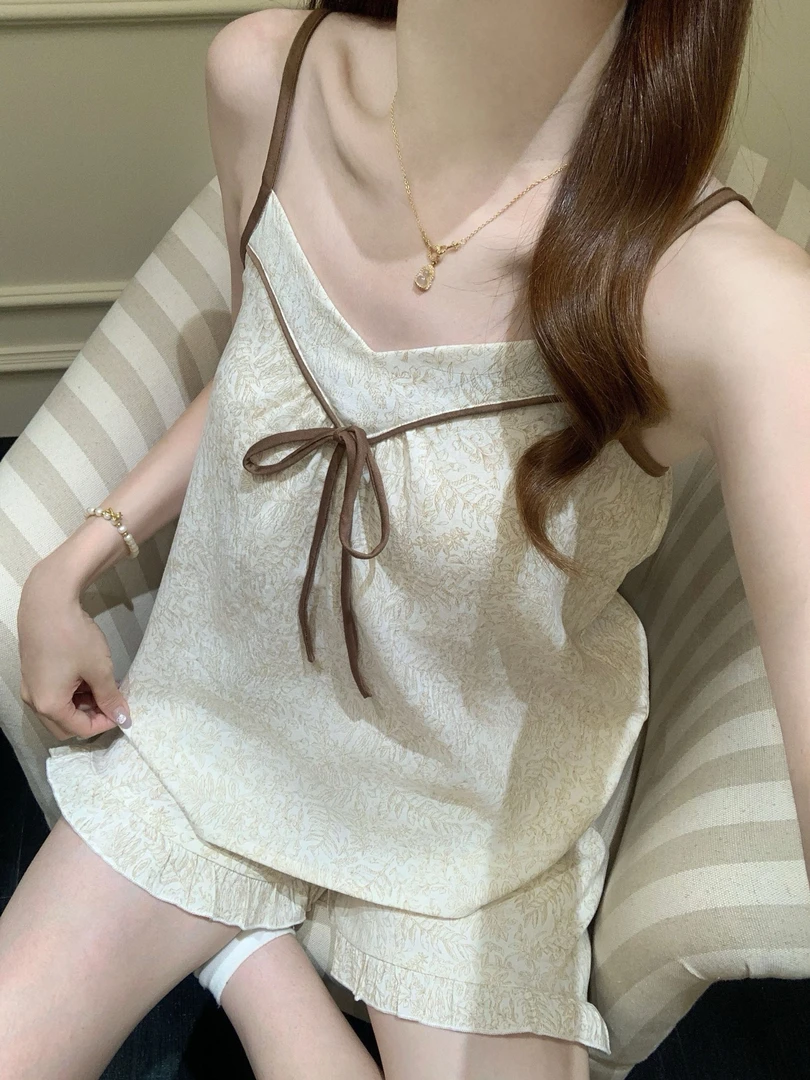 中式复古简约碎花高级印花吊带睡衣女款夏季带胸垫家居服可外穿