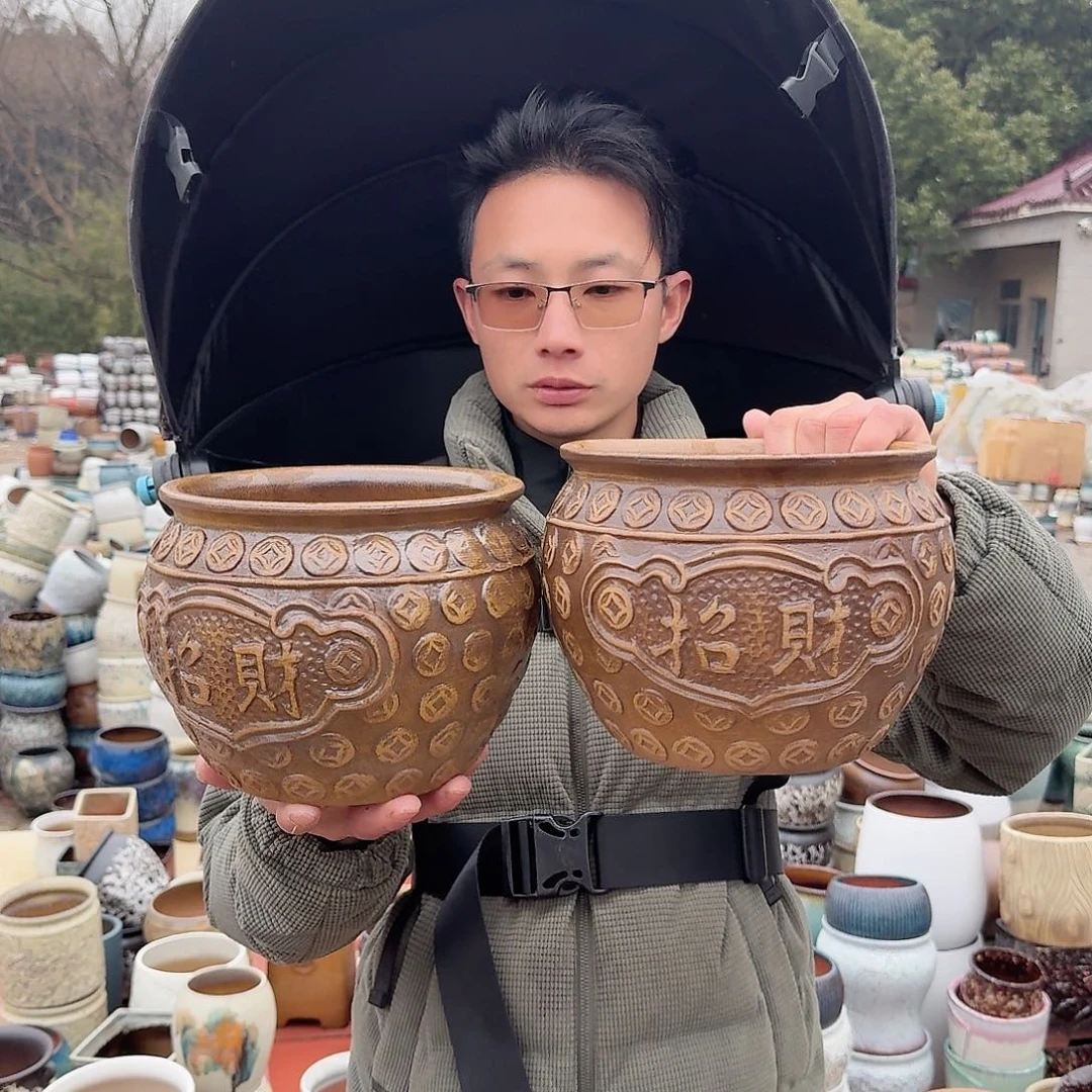 紫砂花盆口20高18（两个宝盆柴烧
