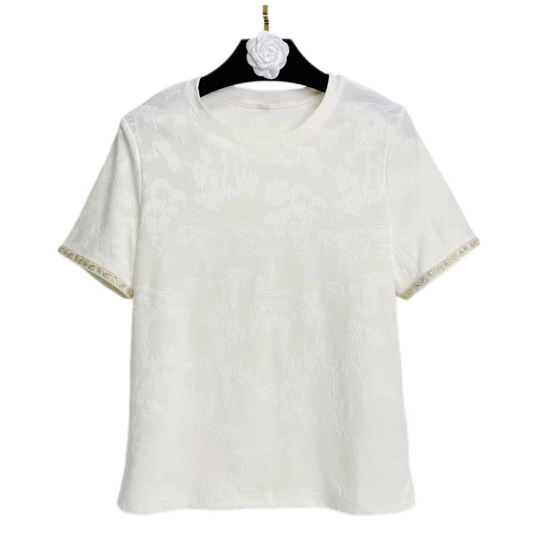 2025年夏季薄款新款百搭苏绣暗纹提花打底短袖