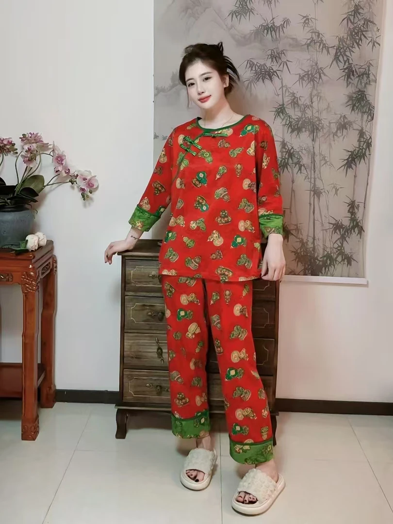春季新款睡衣福禄双全国风宽松大码家居服套装