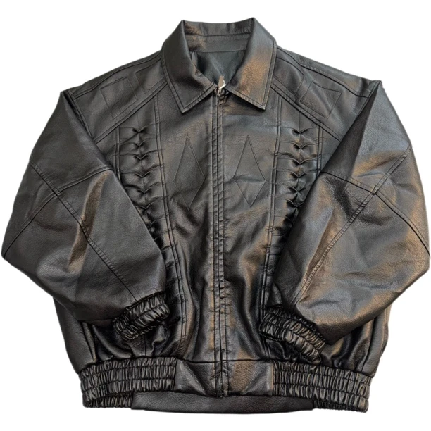 短宽纯色立体褶皱加厚翻领皮夹克25870