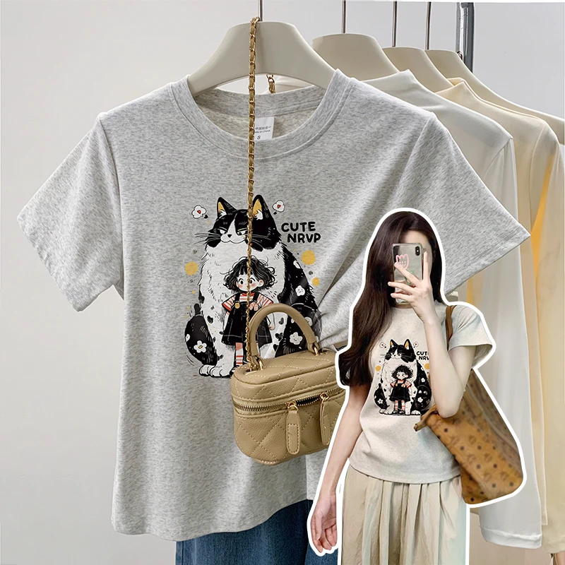 有趣小猫ins正肩修身弹力棉短袖T恤女卡通减龄设计感显瘦上衣外穿