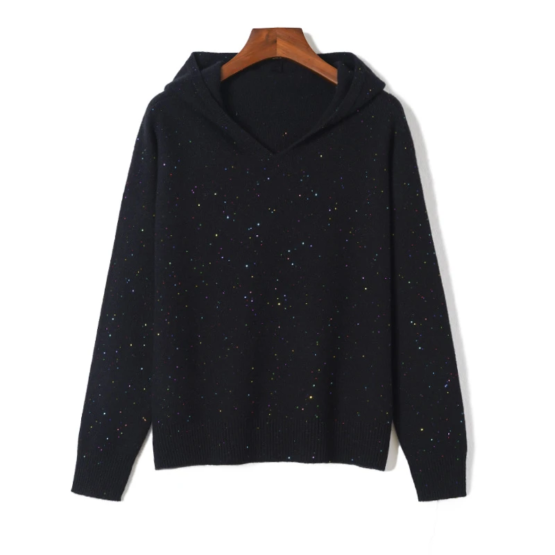 【老潘】2024春季新款女衫连帽亮片韩版休闲薄款毛衣H008
