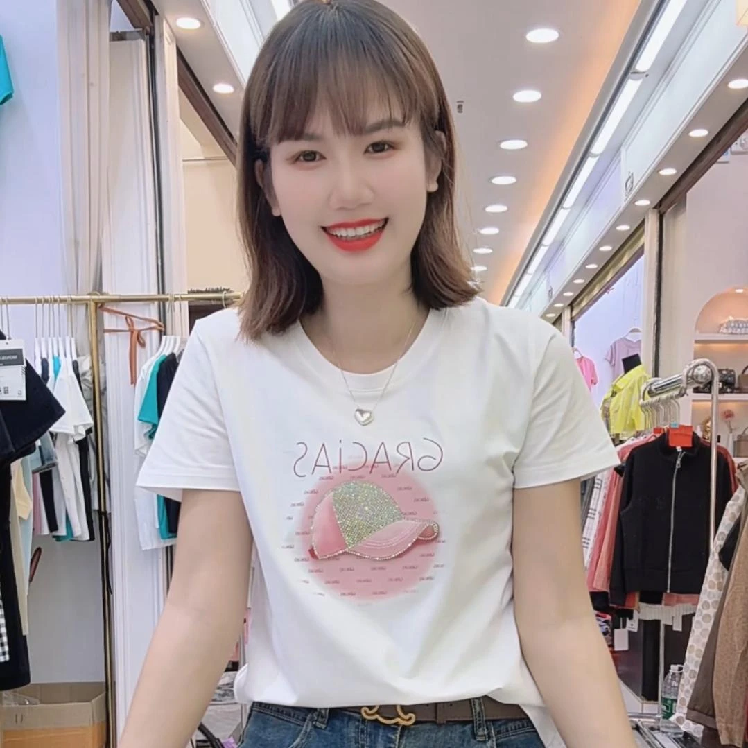 夏季新款设计感洋气衣服女时尚百搭印花烫钻欧若风宽松短袖t恤女