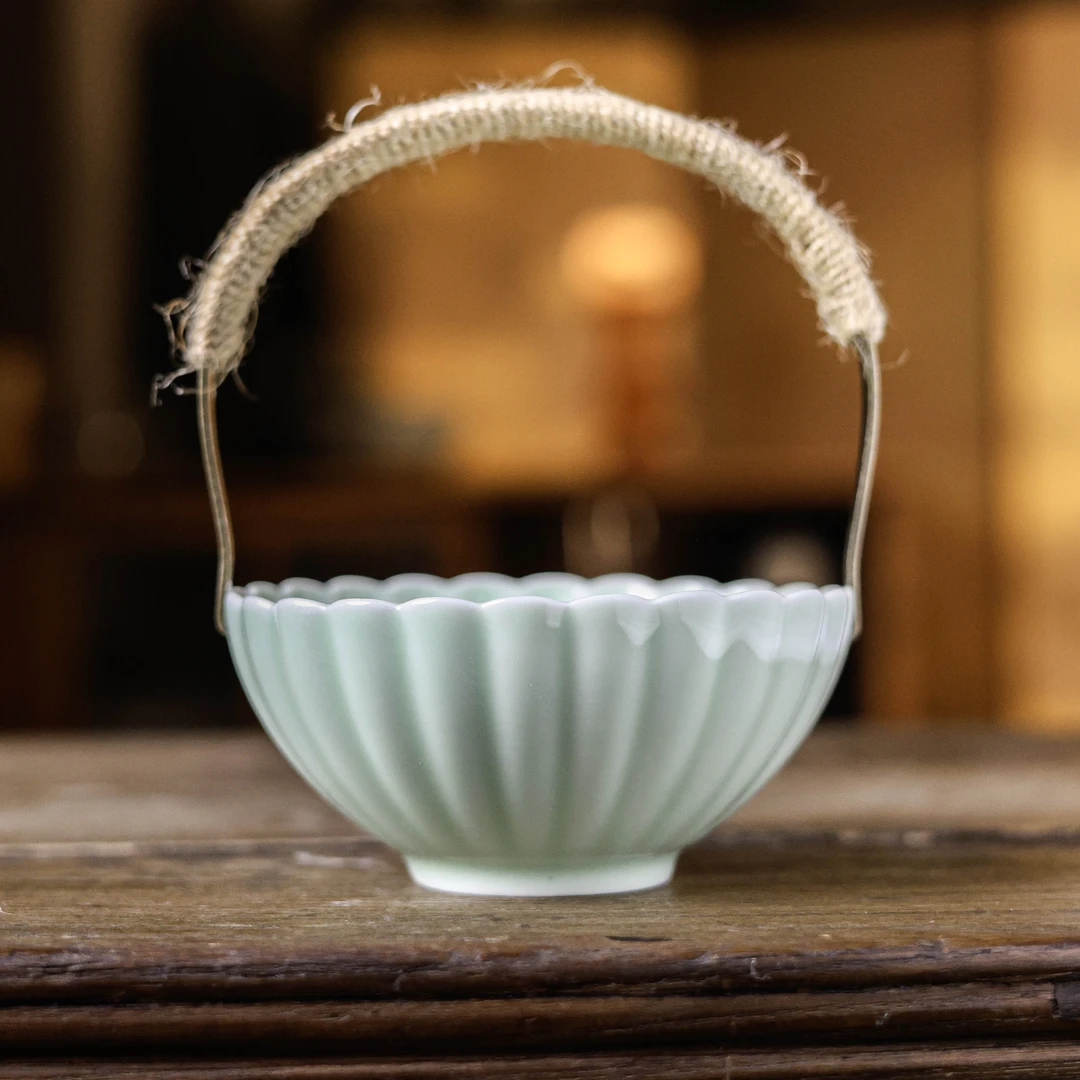 【静姐小院】梅子青4.5寸莲花碗提梁果盘（Q7147）