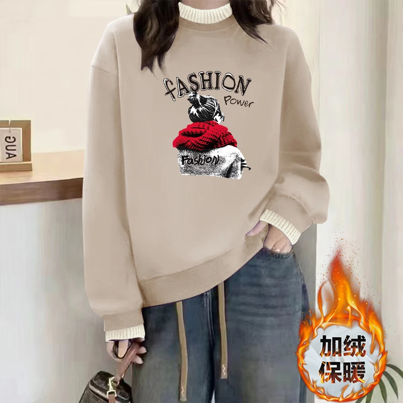 冬季美拉德风半高领螺纹卫衣女时尚百搭休闲加绒加厚保暖长袖上衣